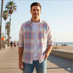 Tommy Bahama Mens Plaid 100% Linen Long Sleeve Button Up Shirt Size Medium